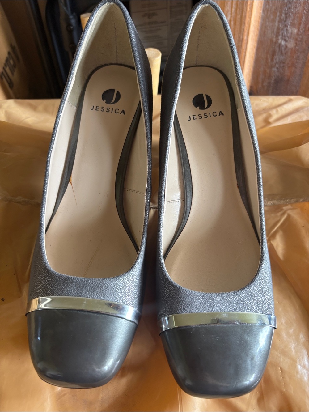Jessica Pewter and Silver Cap-Toe Pumps